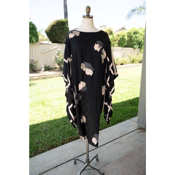 100% Vintage Mod Kaftan Dress Long Sleeve Black Floral Flowy - Picture 3 of 9